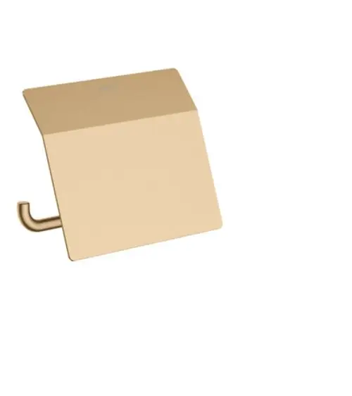 Toilettenpapierhalter von Hansgrohe mit Deckel in Brushed Bronze, quadratische Fläche und seitlichem Halter für Toilettenpapier, minimalistische und funktionale Gestaltung.